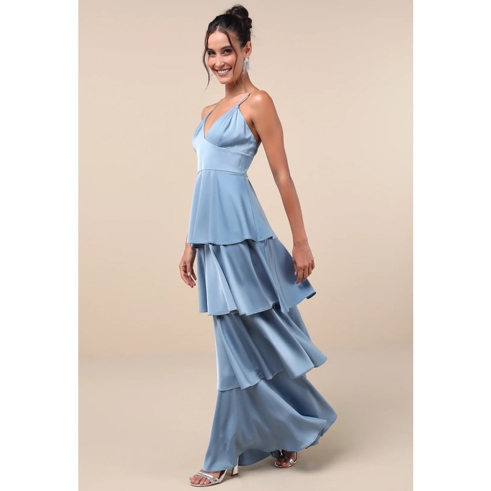 NWT Lulu’s Going with Elegance Slate Blue Satin Tiered Maxi Dress Medium Party - Picture 4 of 10